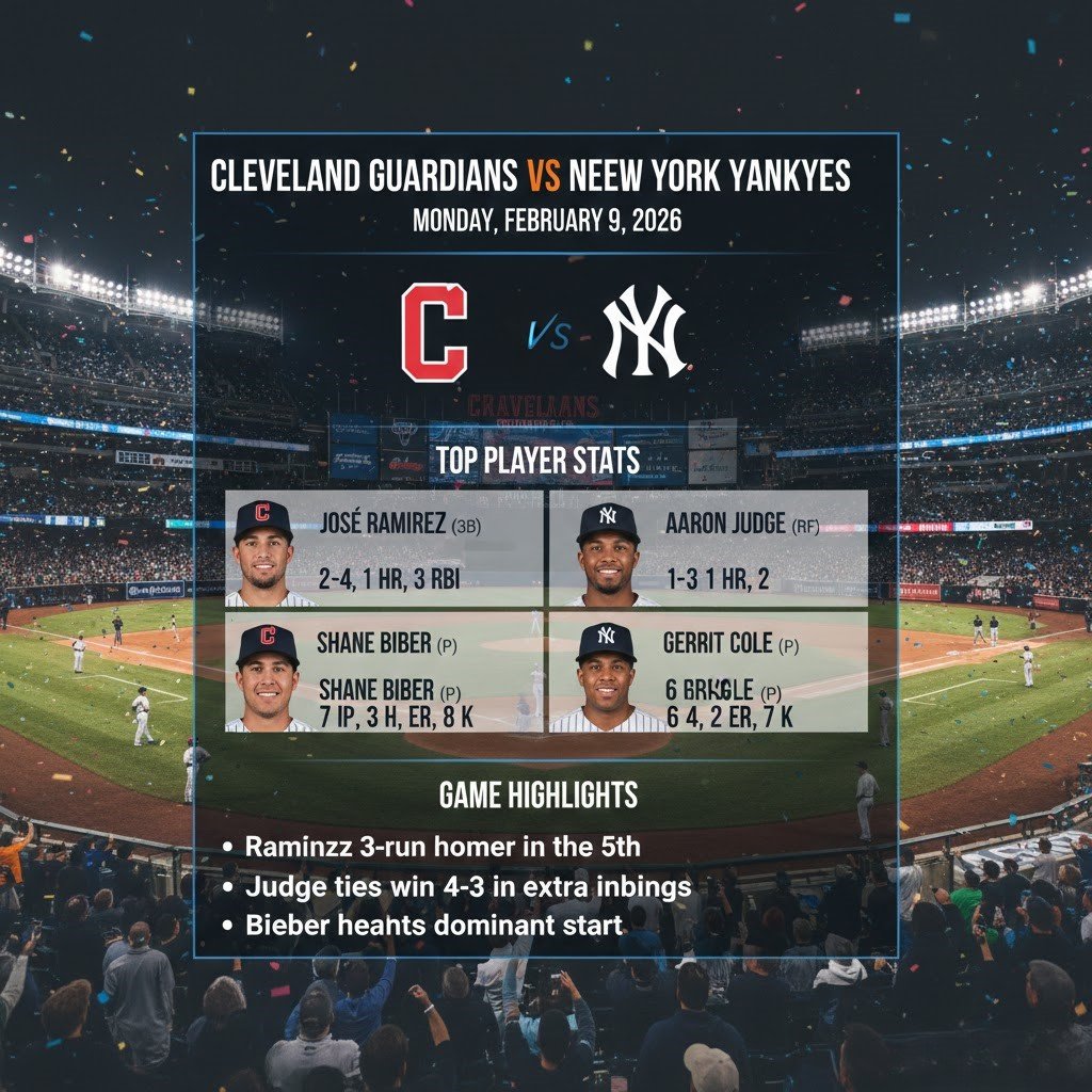 Cleveland Guardians Vs Yankees Match Player Stats Highlights